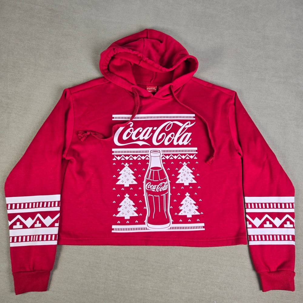 Coca Cola Ugly Christmas Sweater Cropped Hoodie Red Trees Bottle Size‎ M